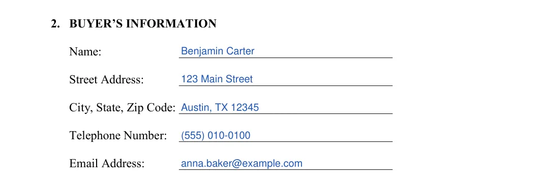 Equipment Bill of Sale: 2. BUYER’S INFORMATION, filled with sample entries