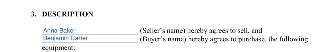 Equipment Bill of Sale: 3. DESCRIPTION, filled with sample entries