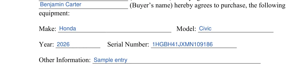 Equipment Bill of Sale: equipment, filled with sample entries