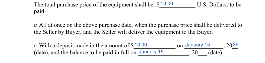 Equipment Bill of Sale: paid, filled with sample entries