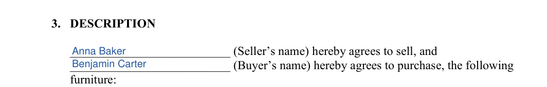 Furniture Bill of Sale: 3. DESCRIPTION, filled with sample entries