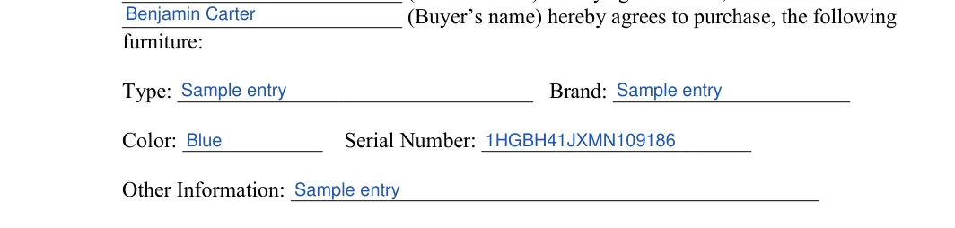 Furniture Bill of Sale: furniture, filled with sample entries