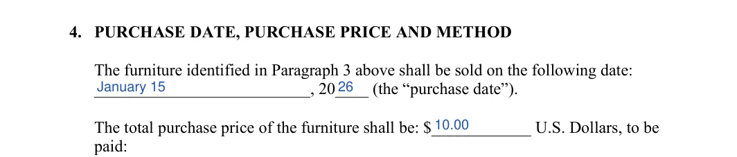 Furniture Bill of Sale: PURCHASE DATE, PURCHASE PRICE AND METHOD, filled with sample entries