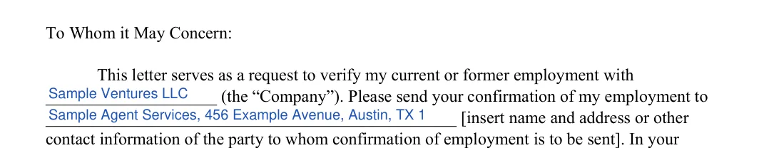Employment Verification Letter: To Whom it May Concern, filled with sample entries