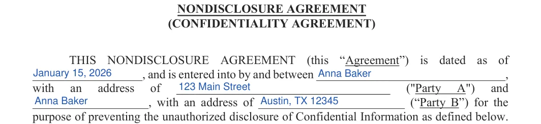 Confidentiality Agreement: (CONFIDENTIALITY AGREEMENT), filled with sample entries