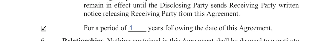 Confidentiality Agreement: Check, Period of years, filled with sample entries