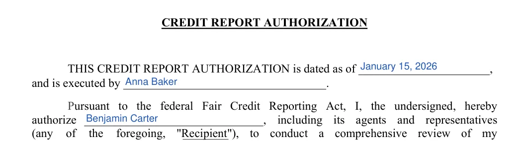 Credit Check Authorization: CREDIT REPORT AUTHORIZATION, filled with sample entries