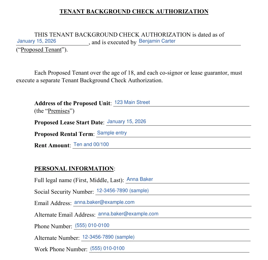 Tenant Background Check: TENANT BACKGROUND CHECK AUTHORIZATION, filled with sample entries