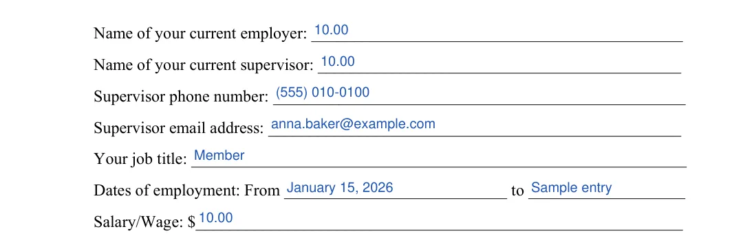 Tenant Background Check: Name of your current employer, Name of your current supervisor and more, filled with sample entries
