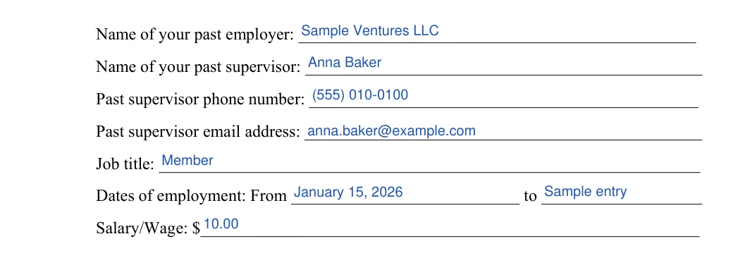 Tenant Background Check: Name of your past employer, Name of your past supervisor and more, filled with sample entries