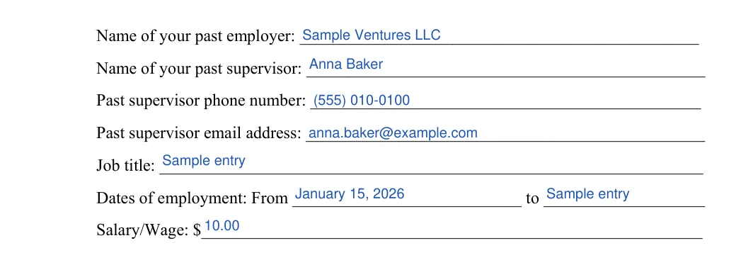 Tenant Background Check: Name of your past employer, Name of your past supervisor and more, filled with sample entries