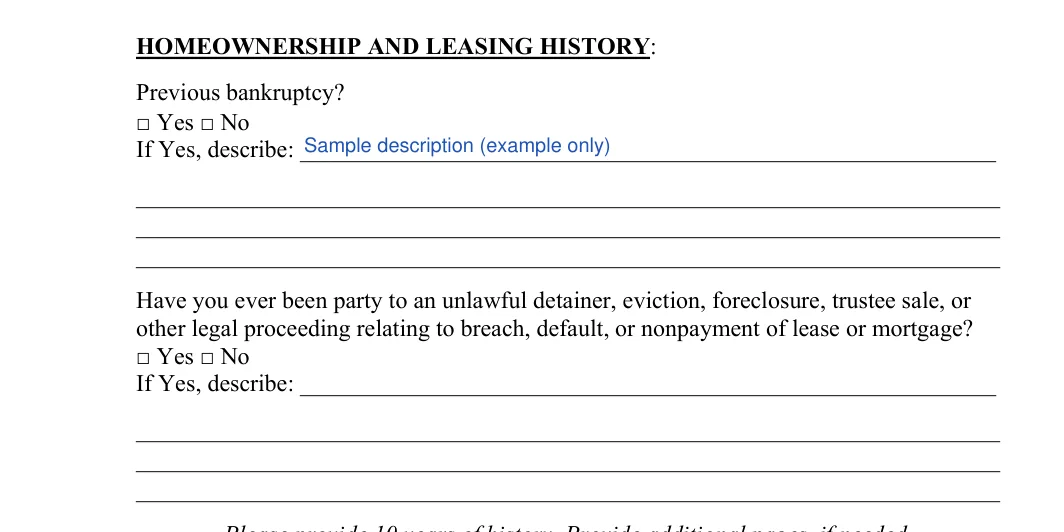 Tenant Background Check: HOMEOWNERSHIP AND LEASING HISTORY, filled with sample entries