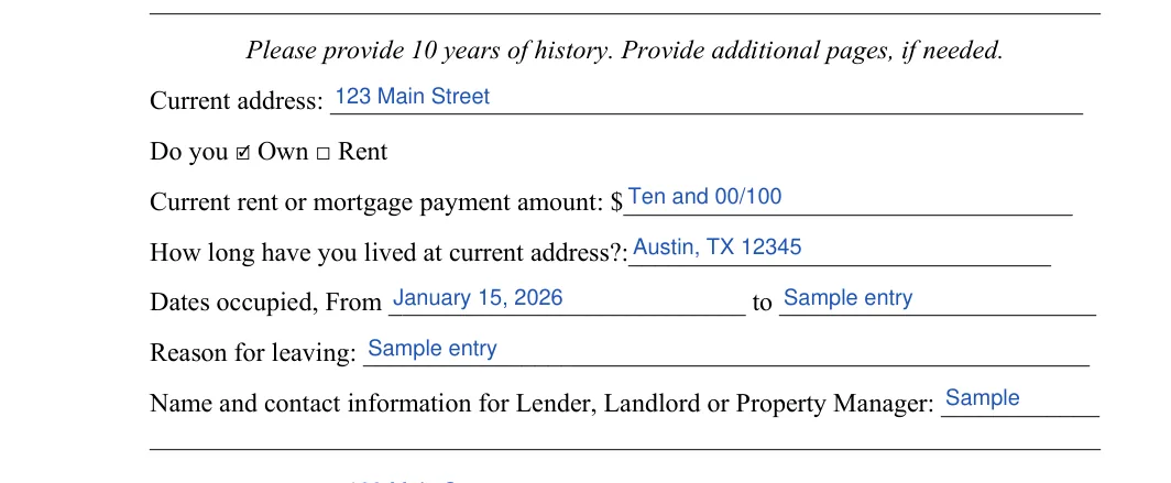 Tenant Background Check: Current address, Own and more, filled with sample entries