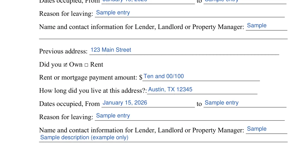 Tenant Background Check: Previous address, Own and more, filled with sample entries