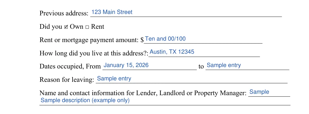 Tenant Background Check: Previous address, Own and more, filled with sample entries