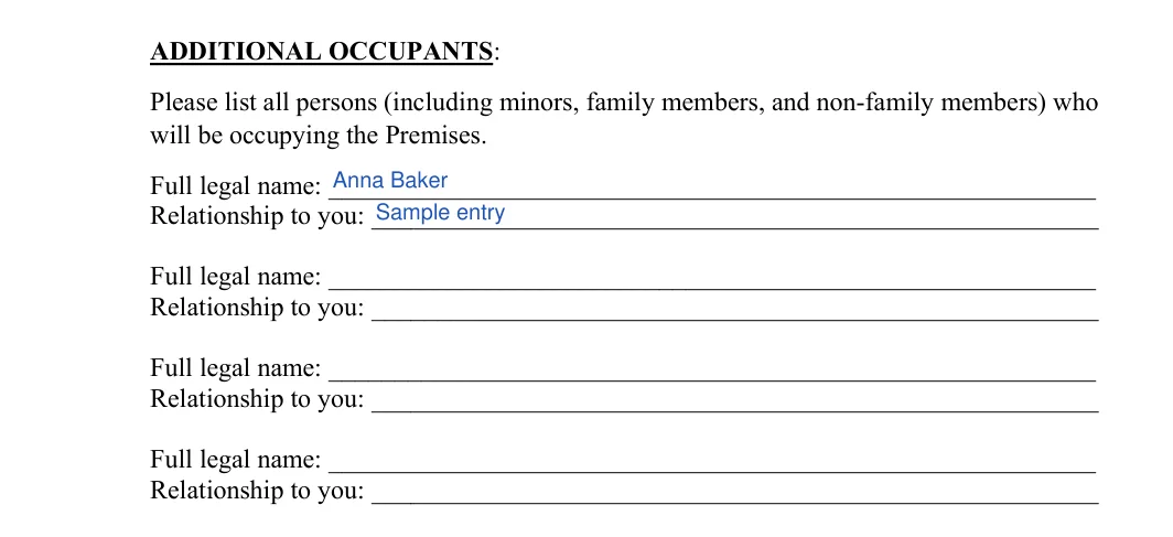 Tenant Background Check: ADDITIONAL OCCUPANTS, filled with sample entries