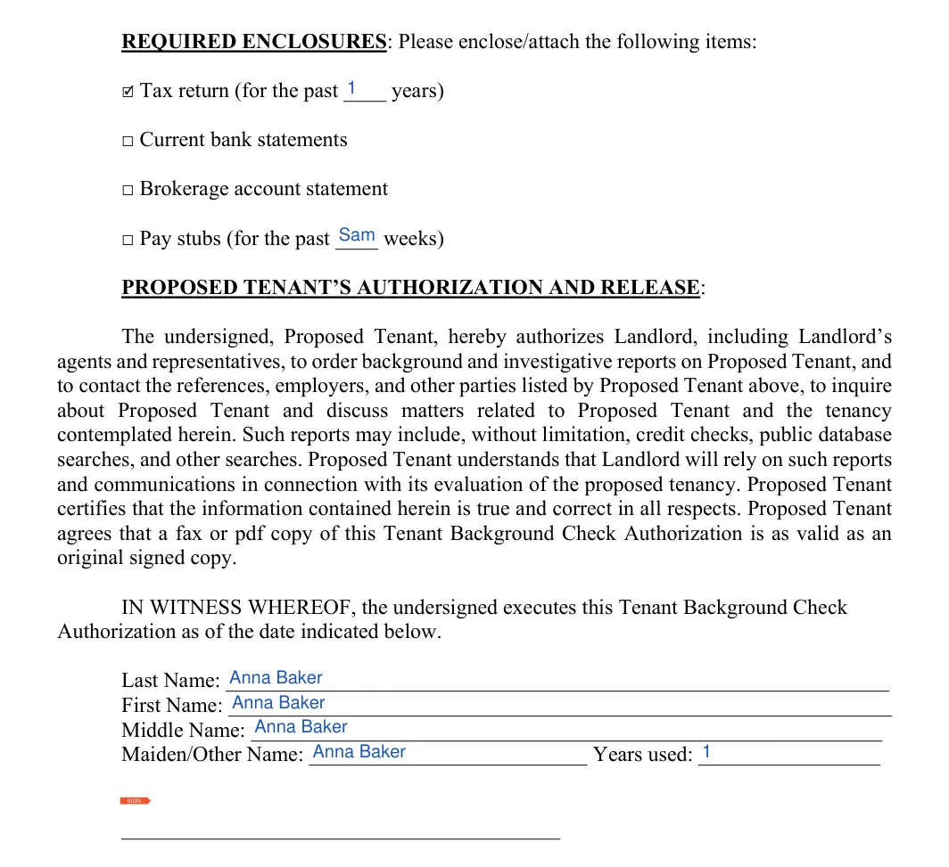 Tenant Background Check: Years, Tax return for the past and more, filled with sample entries
