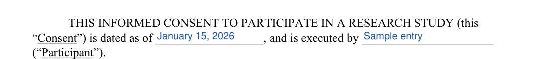 Informed Consent: Dated, Participant and more, filled with sample entries