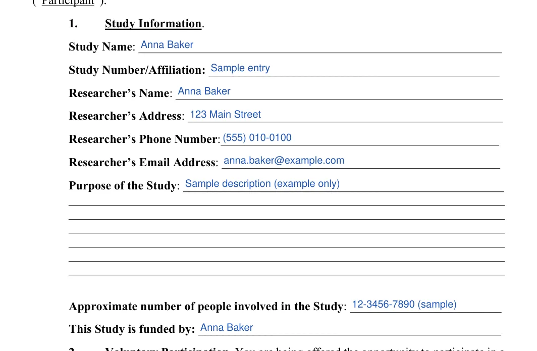 Informed Consent: Study name, Study numberaffiliation and more, filled with sample entries