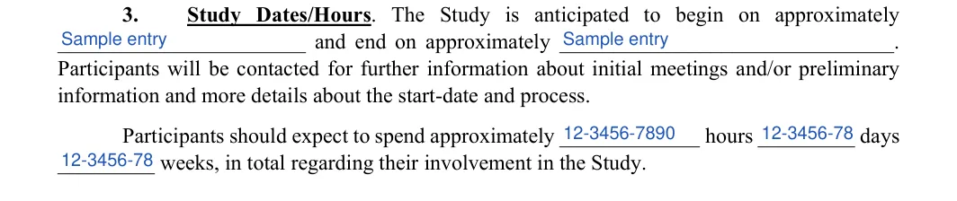 Informed Consent: Number of hours, Number of days and more, filled with sample entries