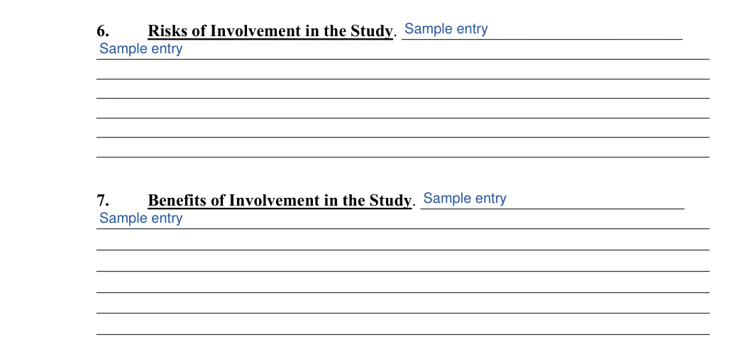 Informed Consent: Risks of involvement in the study, 6 and more, filled with sample entries