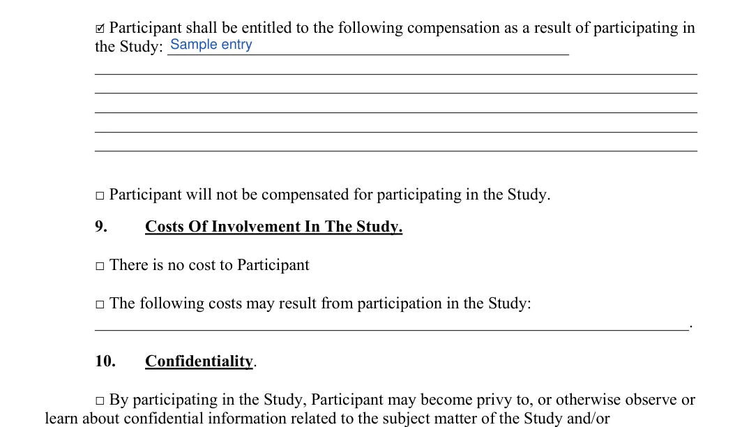Informed Consent: Check, Compensation, filled with sample entries
