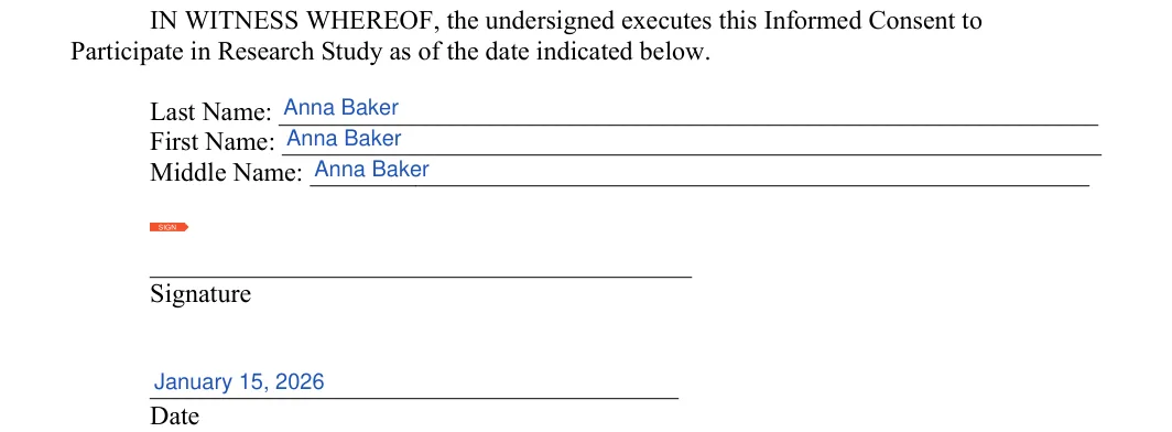 Informed Consent: Last name, First name and more, filled with sample entries