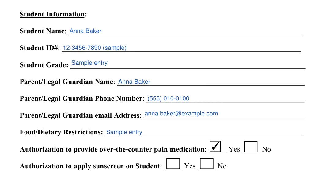 Field Trip Permission Slip: Student Information, filled with sample entries