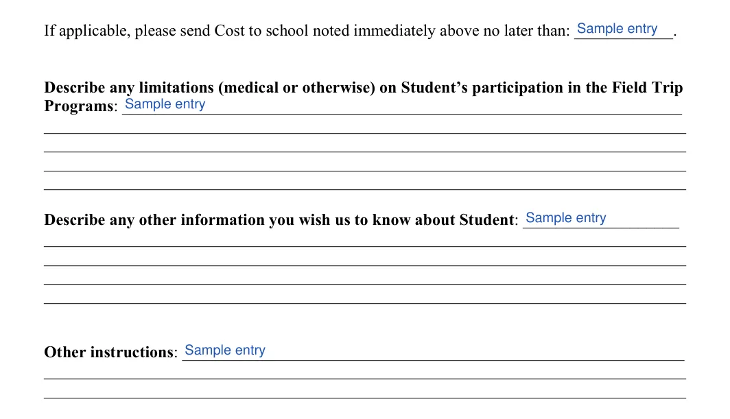 Field Trip Permission Slip: No later than, Programs and more, filled with sample entries