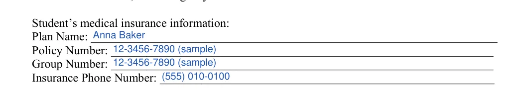 Field Trip Permission Slip: Student’s medical insurance information, filled with sample entries