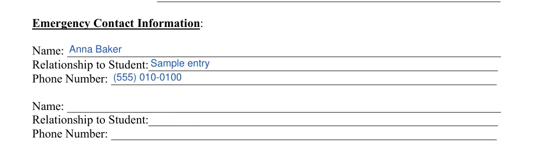 Field Trip Permission Slip: Emergency Contact Information, filled with sample entries