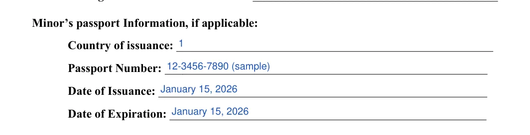 Child Travel Consent: Minor’s passport Information, if applicable, filled with sample entries