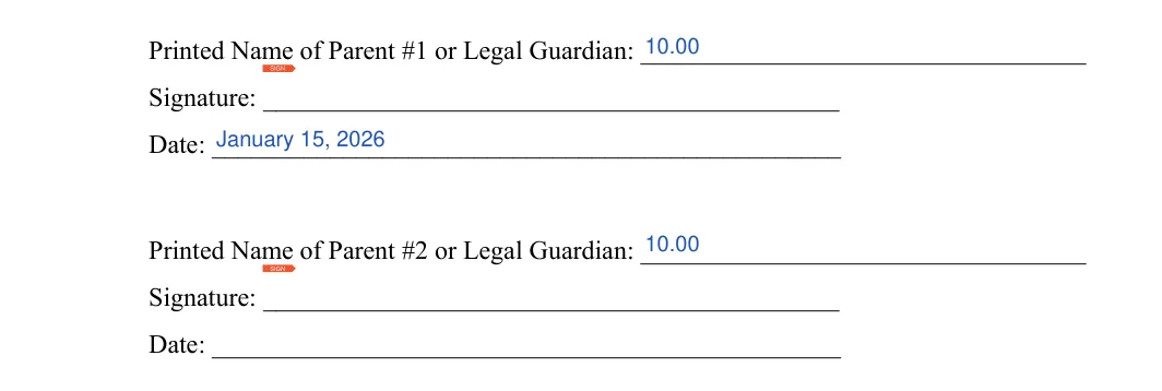 Child Travel Consent: Printed name of parent 1 or legal guardian, Signature and more, filled with sample entries