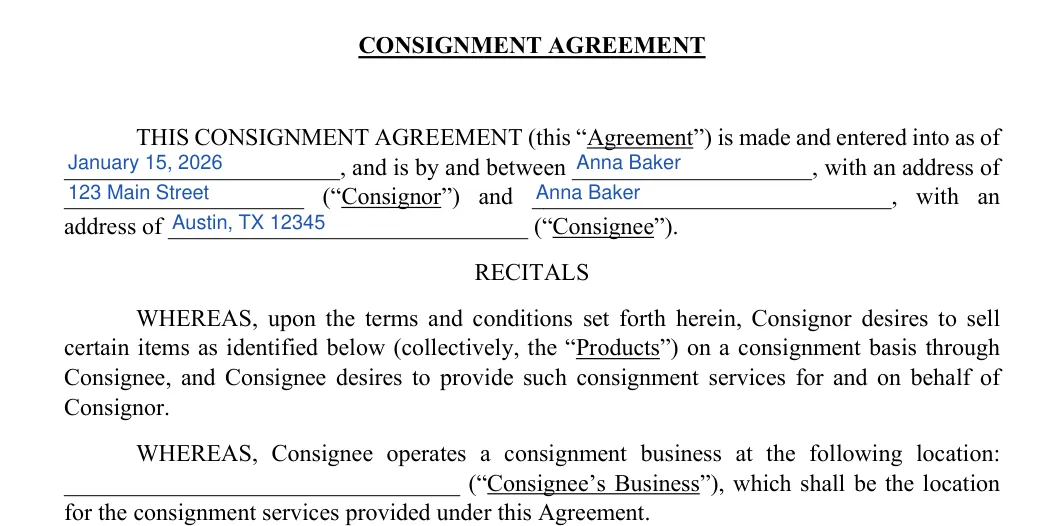 Consignment Agreement: CONSIGNMENT AGREEMENT, filled with sample entries
