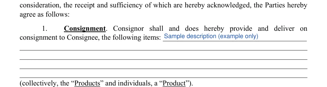 Consignment Agreement: agree as follows, filled with sample entries