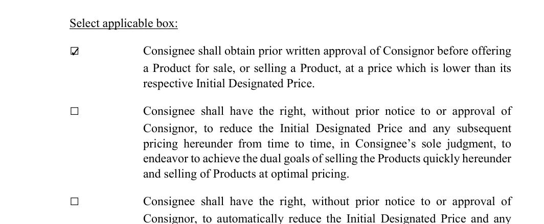 Consignment Agreement: Select applicable box, filled with sample entries