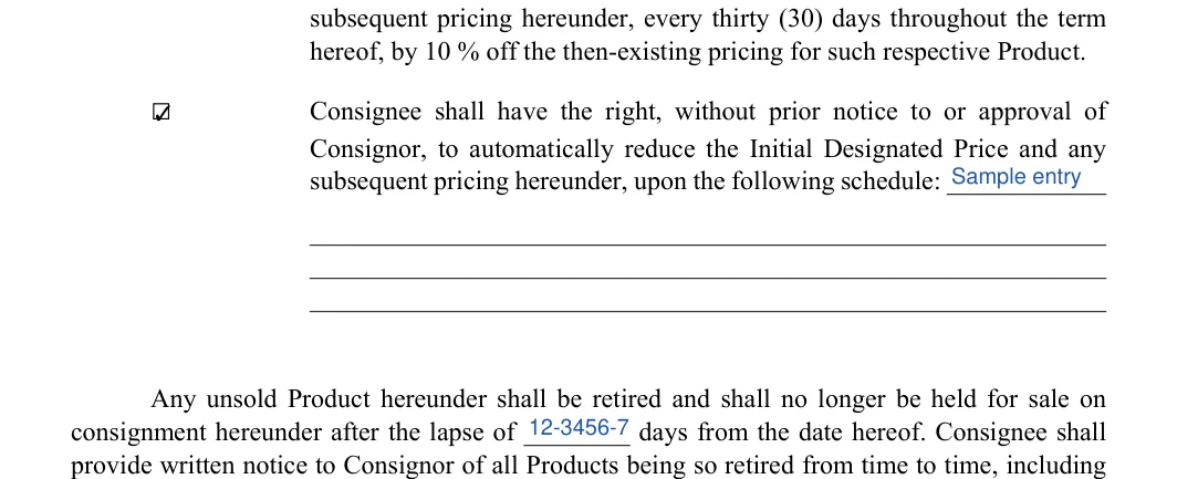 Consignment Agreement: Select, Following schedule and more, filled with sample entries