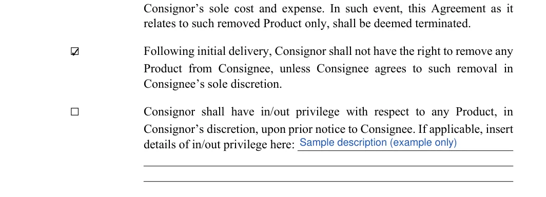 Consignment Agreement: Select, Details, filled with sample entries
