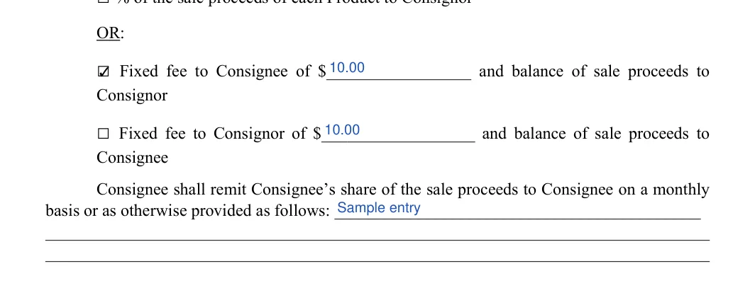 Consignment Agreement: OR, filled with sample entries