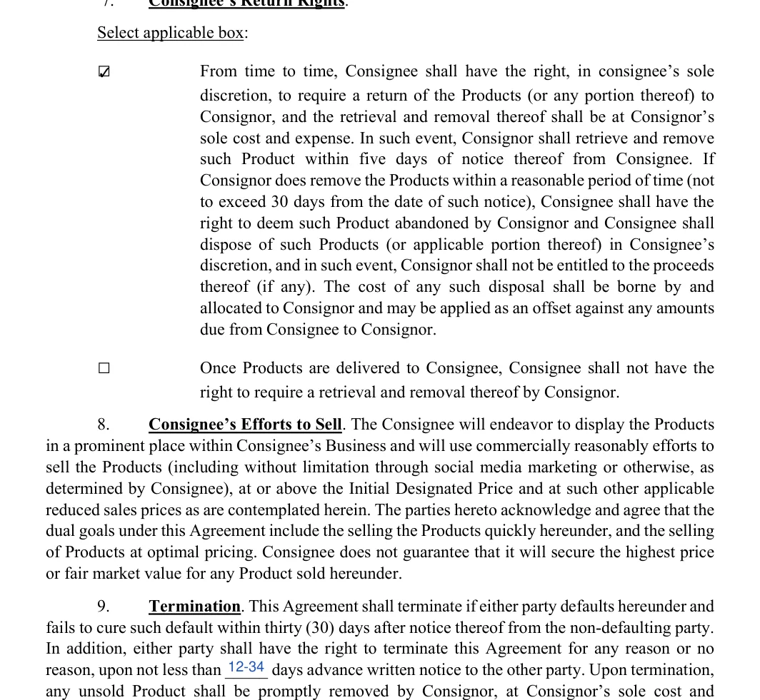Consignment Agreement: Select applicable box, filled with sample entries