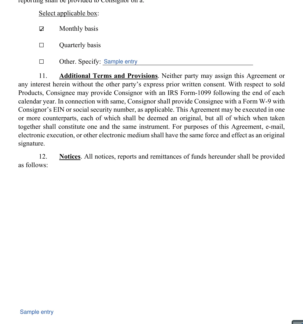 Consignment Agreement: Select applicable box, filled with sample entries