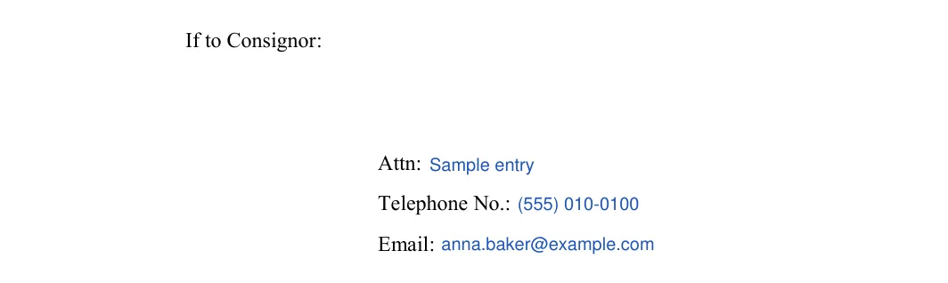 Consignment Agreement: If to Consignor, filled with sample entries