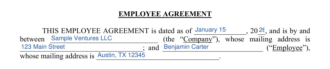 Employment Contract: EMPLOYEE AGREEMENT, filled with sample entries