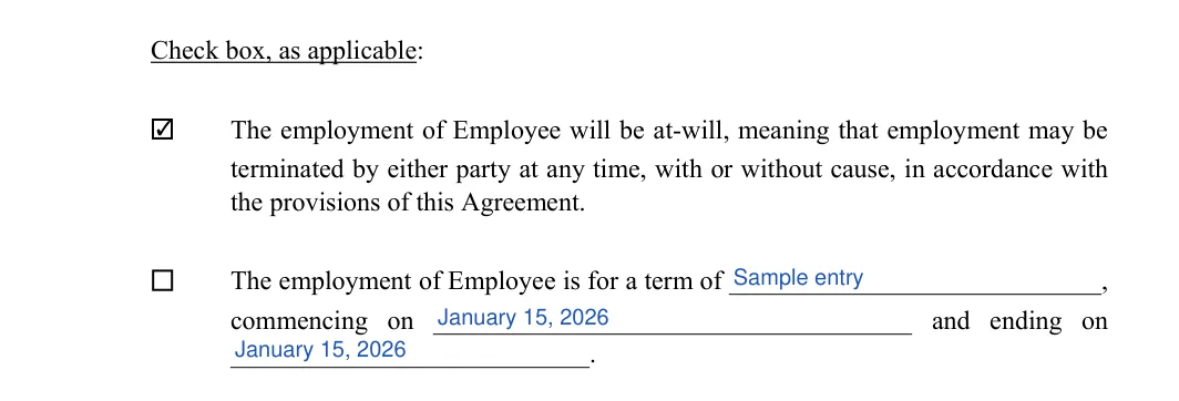 Employment Contract: Check box, as applicable, filled with sample entries