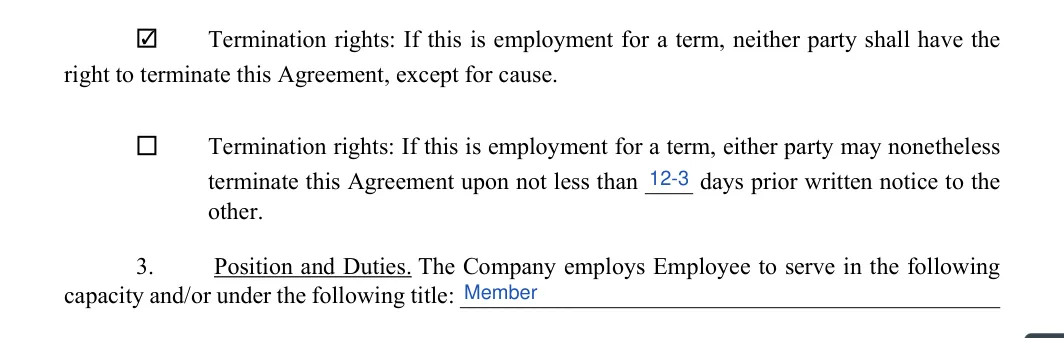 Employment Contract: Check, Number of days and more, filled with sample entries