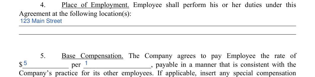 Employment Contract: Agreement at the following location(s), filled with sample entries