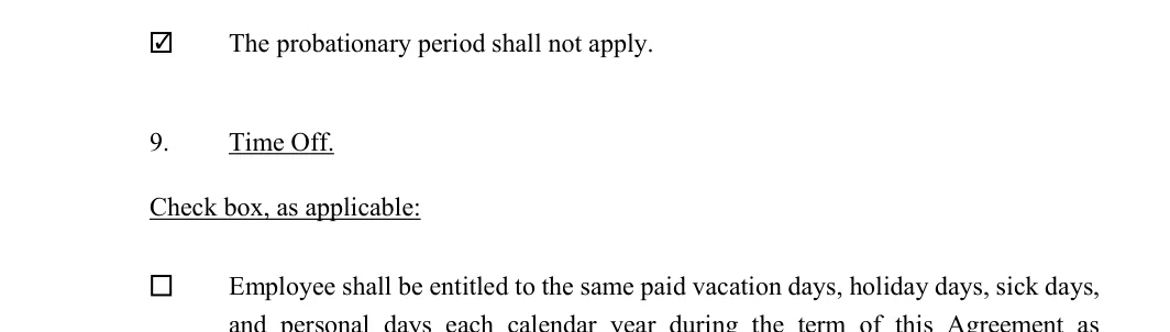 Employment Contract: Check box, as applicable, filled with sample entries