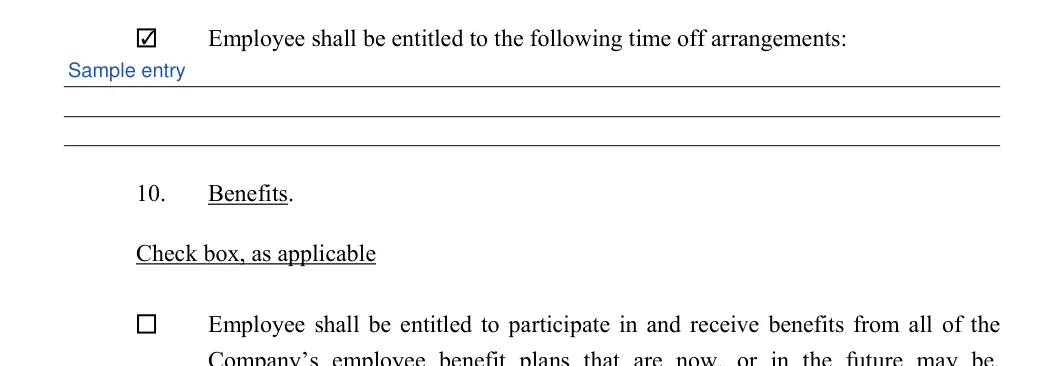 Employment Contract: Check, Time off arrangements, filled with sample entries
