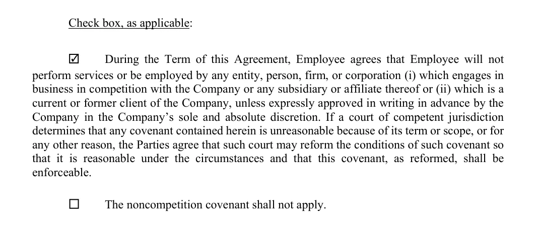 Employment Contract: Check box, as applicable, filled with sample entries
