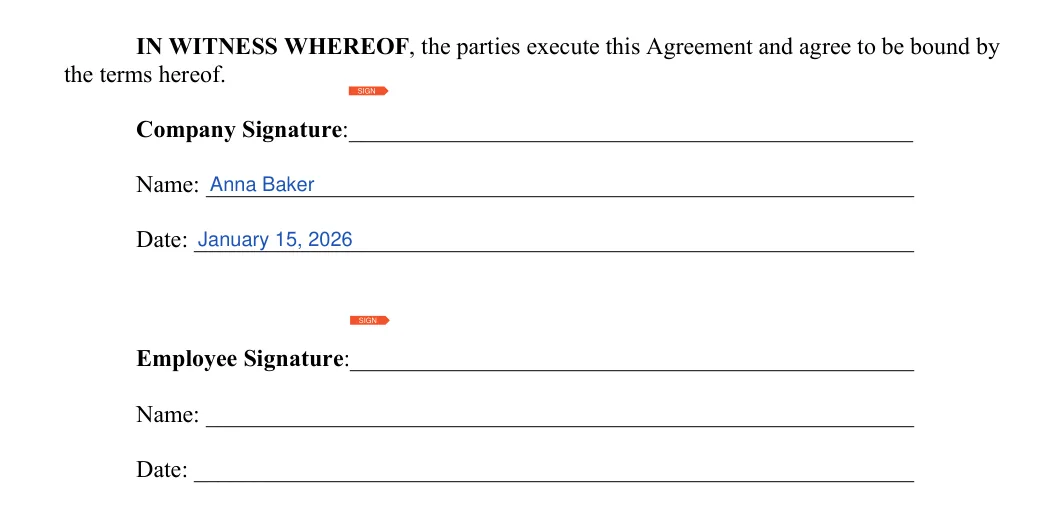Employment Contract: Company signature, Name and more, filled with sample entries